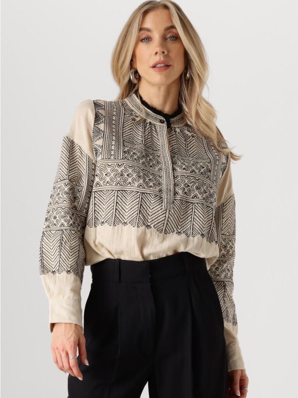 Antik Batik Svetlana Tunic Ecru Embroidered Cotton Blouse XS